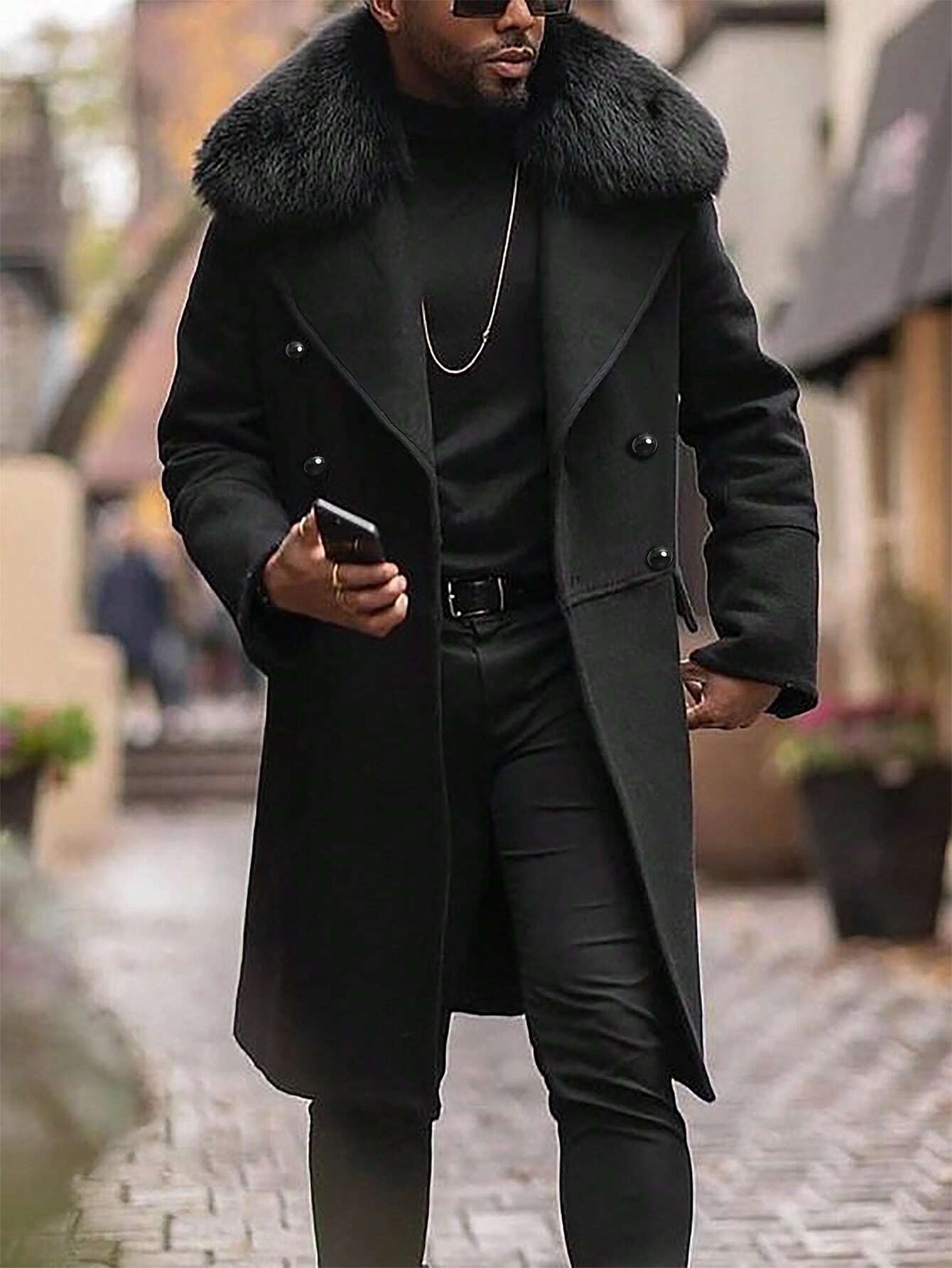 Men's Loose Woolen Coat With Double Breasted Buttons And Shearling Collar, Plain Going Out Fashion Overcoat