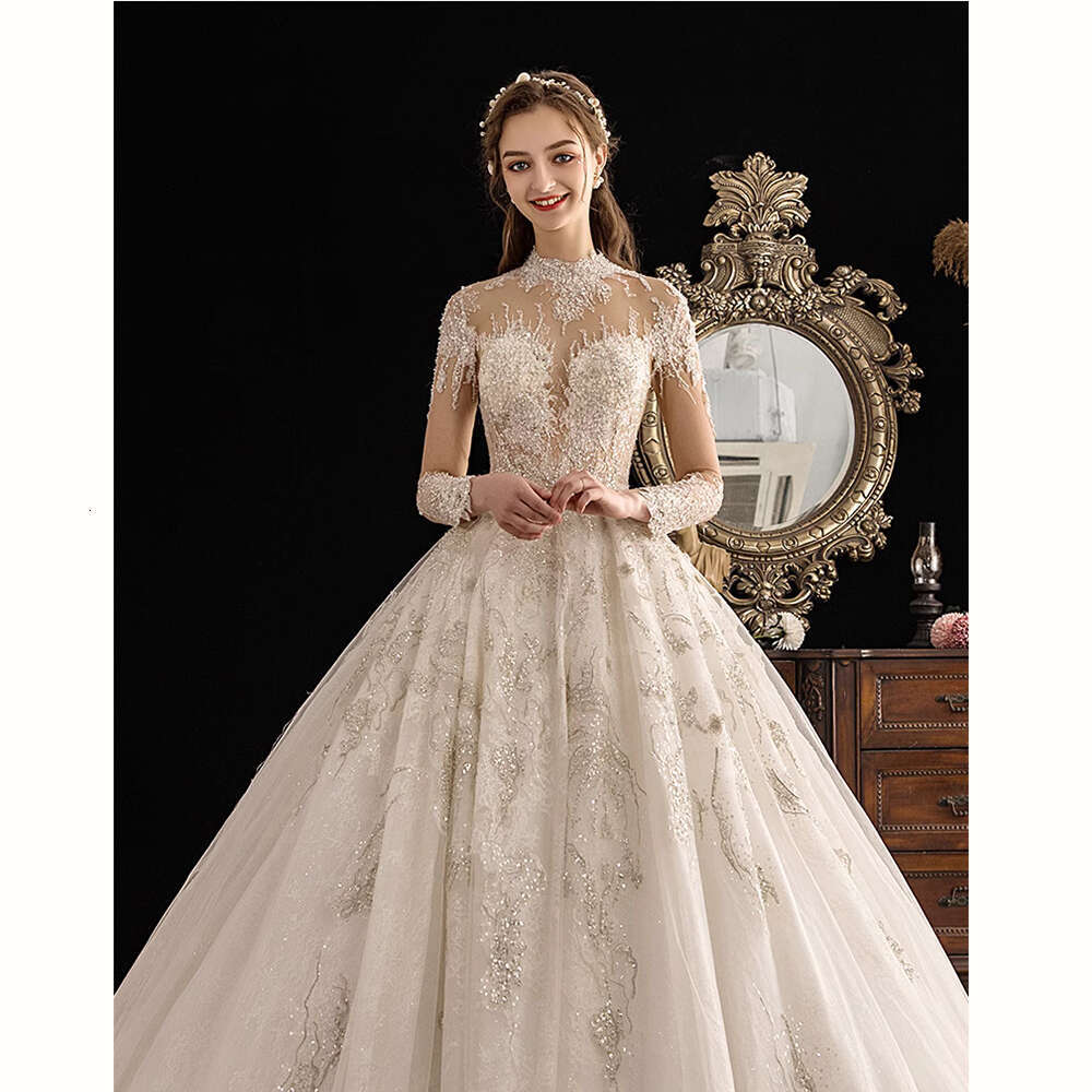 High Classic Neck Long Sleeved Wedding Dress Sequined Beaded Lace Applique Bridal Gown Fashion Traig Princess Bride Dresses es