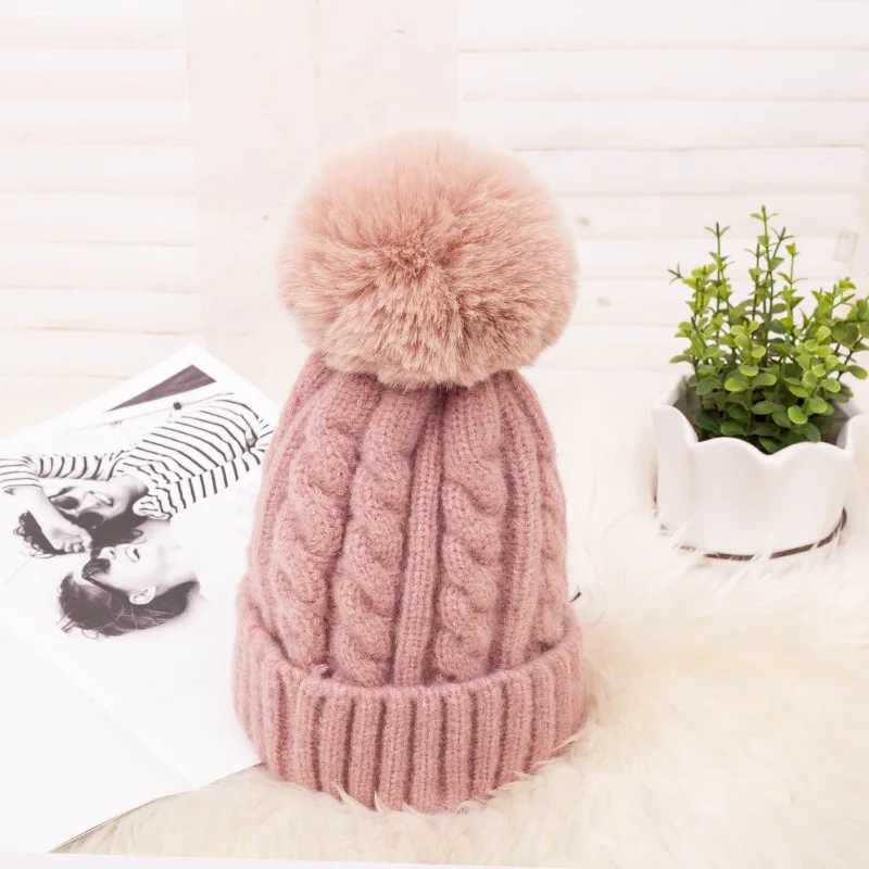 Fashion Knitted Winter Hat Striped Womens Winter Hats 2022 Pink Fur Pompom Wool Beanies Thick Skullies Cap Faux Pom pom HatX241005