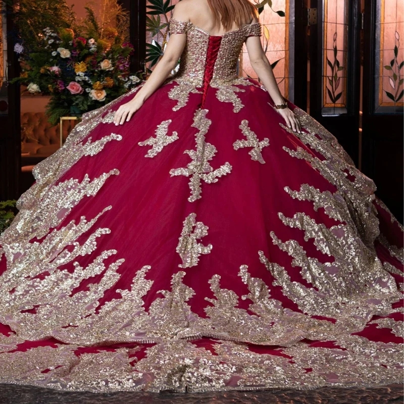 Red Shiny Off The Shoulder Quinceanera Dress Ball Gown Gold Lace Applique Beads Tull Corset Sweet 16 Dress Vestidos De 15 Anos