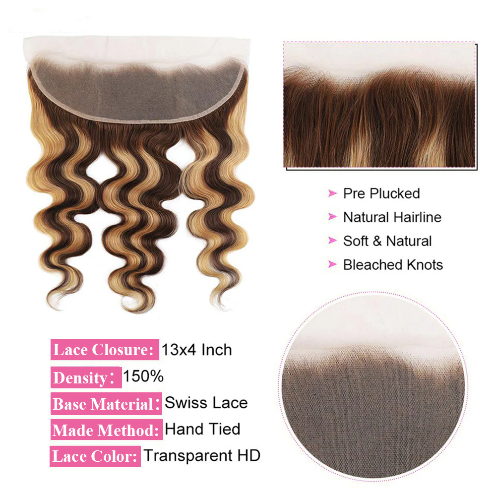 Highlight Bundles Closure Brazilian Body Wave Ombre Blonde Human Hair Tissage Bundle With 13X4 Frontal P4/27 Color
