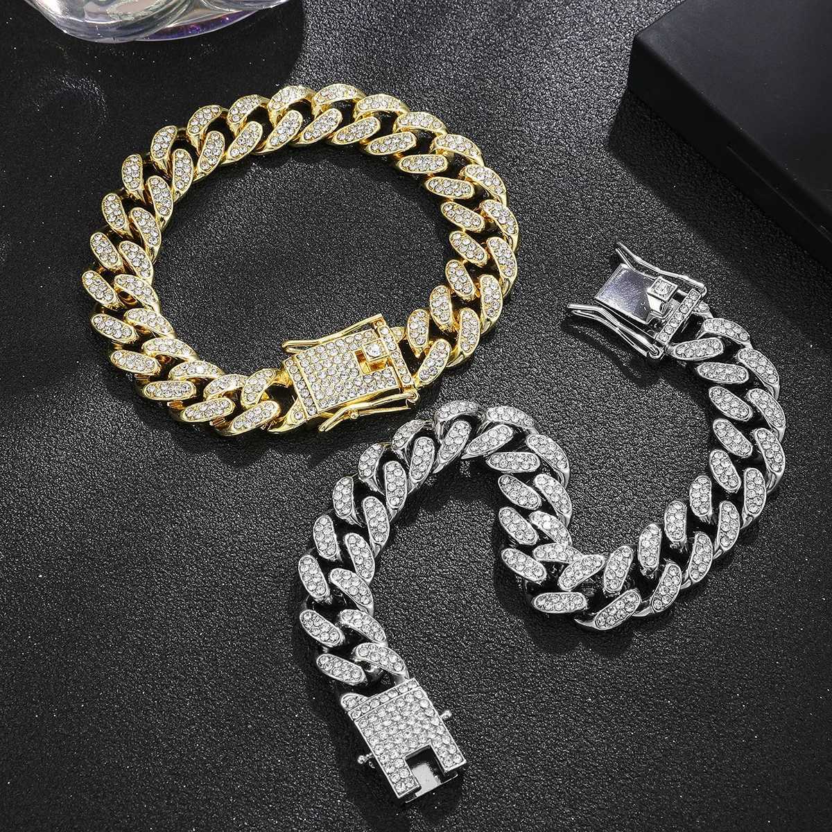 Full Crystal Stone Cuban Chain Hip Hop Bracelet For Men Silver Color Metal Link Chain Rhinestone Closure Bracelet W250728