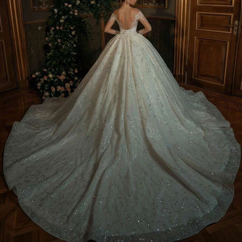 Gorgeous Ball Gown Wedding Dress Sequin Applique Beaded Lace O Neck Long Sleeve Sweetheart Princess Bride dress