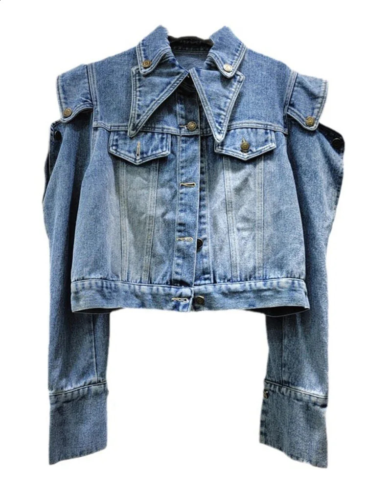 DEAT Trendy Womens Ruffled Edge Offshoulder n Denim Coat 2024 Autumn Fashion Lapel Long Sleeve Jacket Female 33A1708 240927