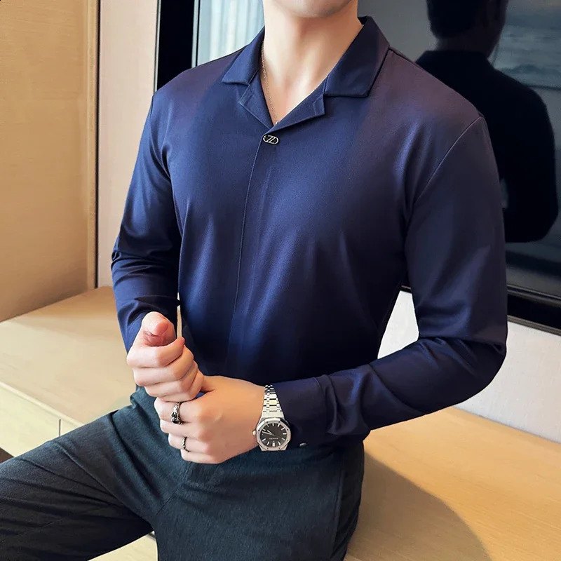 Mens Cuban collar long sleeved polo shirt premium set top seamless lapel slim fit Tshirt business casual royal blue 240930