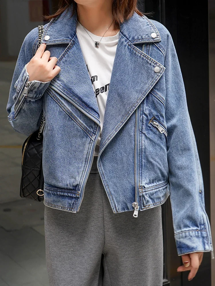 Fitaylor Spring Autumn Women Denim Jacket Casual Lady Moto Biker Coat Vintage Lapel Zipper 240927