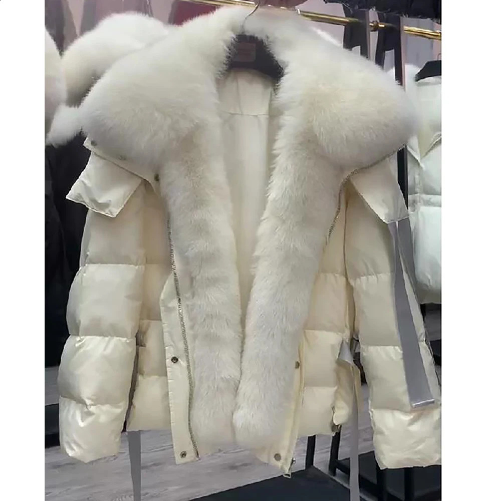 Natural True Fox Fur Collar White Duck Down Jacket Winter Womens Warm Loose Coat Thick y 240929