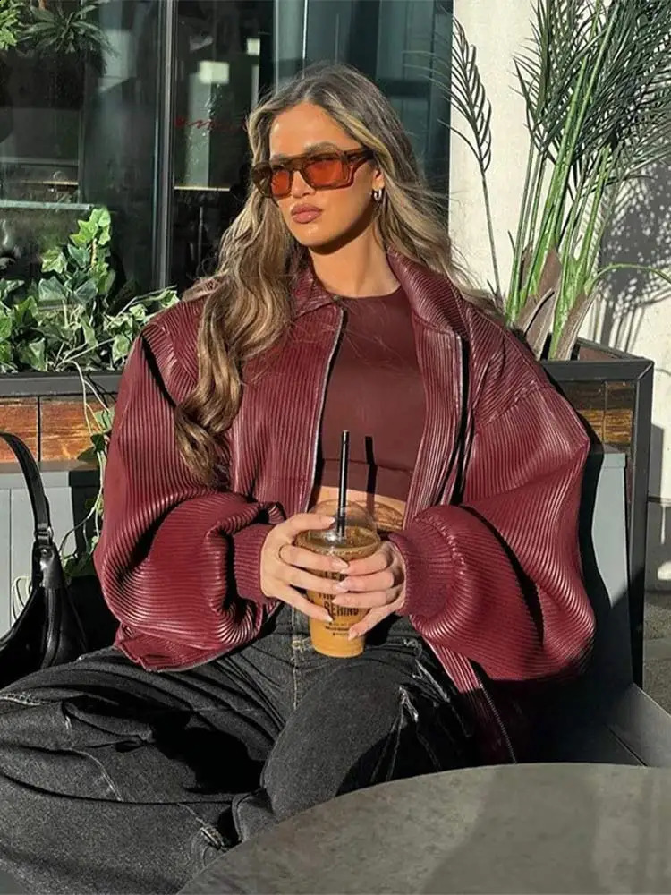 Women Retro Wine Red Suede Leather Jacket Elegant Lapel Long Sleeves Loose Short Coats Spring Autumn Chic Lady Street Outerwear 240930