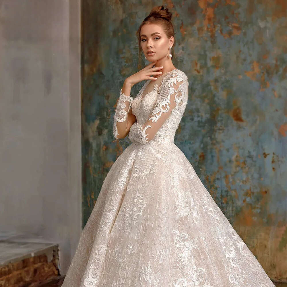 Elegant Sheer O Neck Long Sleeve Wedding Dress A-e Lace Appliques Beading Princess Bride Gowns Vestidos De Novia