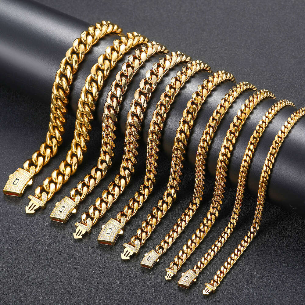 miami hiphop necklace 6mm-12mm round ground encrypted 14k gold Cuban inlaid with dia spring buckle chain