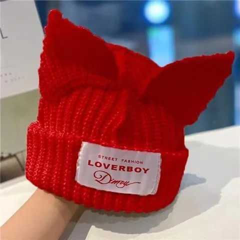 Girl Cute Bunny Ears Funny Hat Cat Ear Hat Cute Knit loverboy Warm Beanie HatX241005