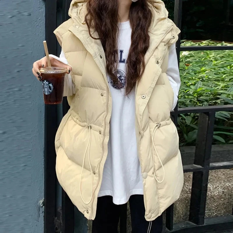 Winter Cotton Tank Top Coats Womens Student Parkas Korean Loose Belt Hoodie Elegant Sleeveless Top 240929