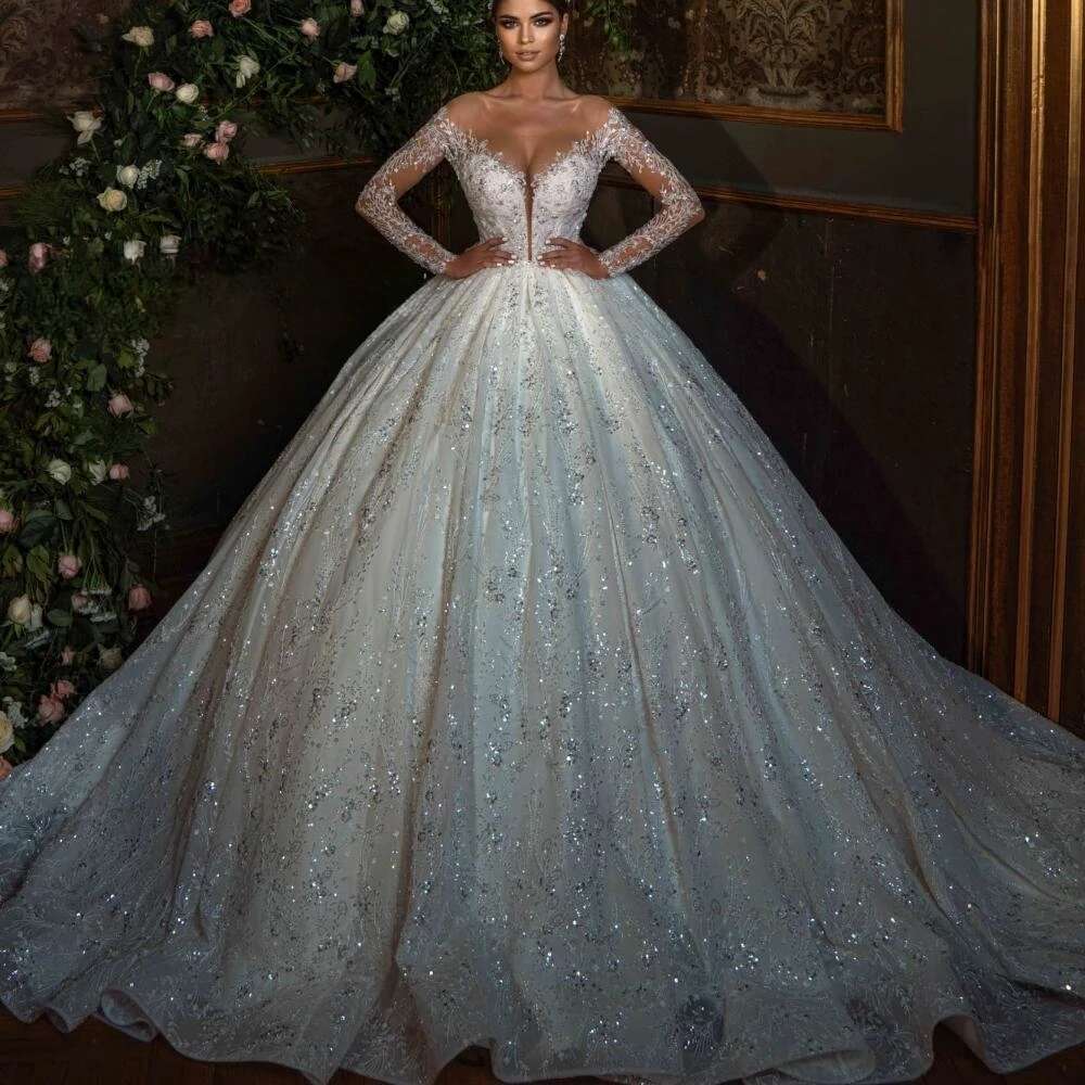Gorgeous Ball Gown Wedding Dress Sequin Applique Beaded Lace O Neck Long Sleeve Sweetheart Princess Bride dress