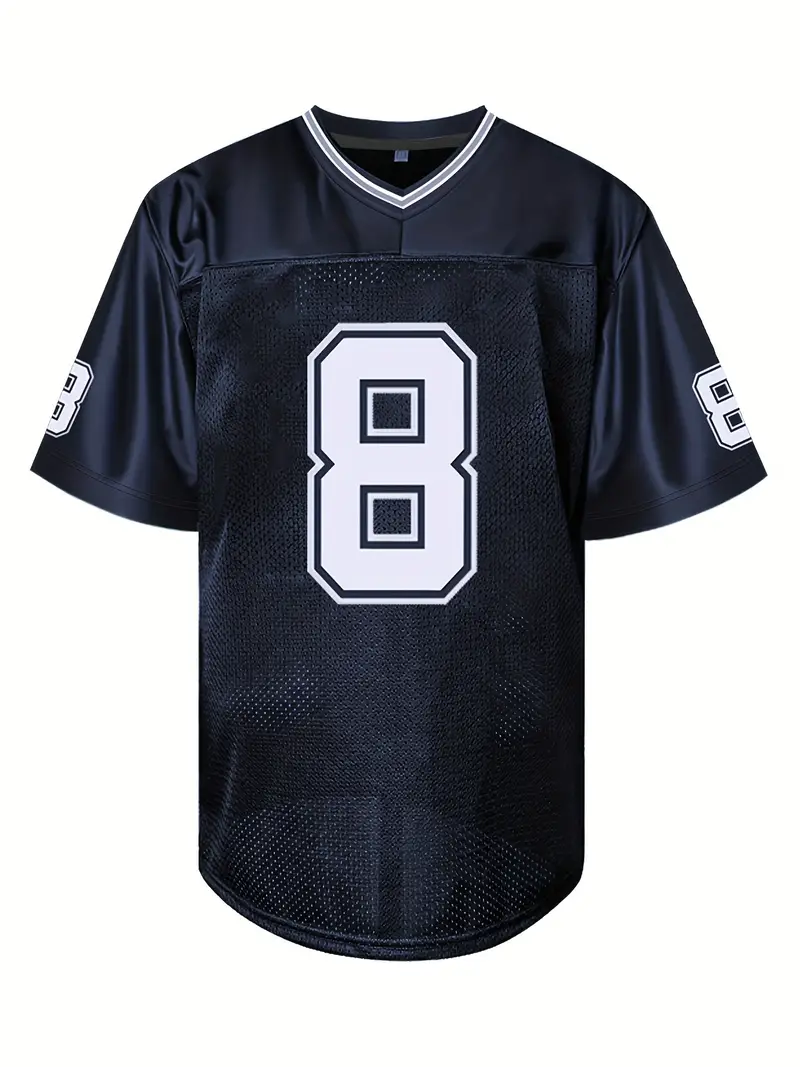 #8 Troy Aikman Comfy V-Neck Football Jersey Navy Blue Mesh Embroidery for Training and Competition Breathable Moisture-Wicking American Football Shirt