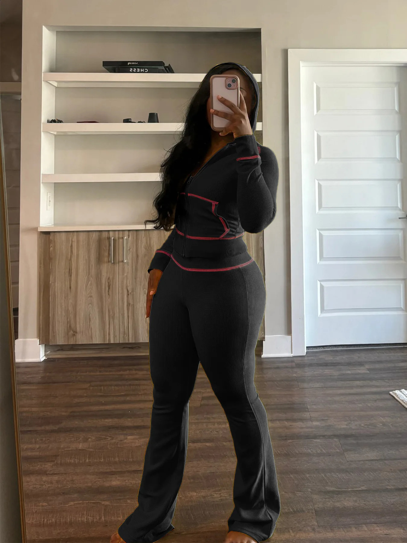 Waffle texture fabric shoulder cuff cap micro glitter pants casual 2piece set for women autumn fashion runner Y2K Harajuku 240927