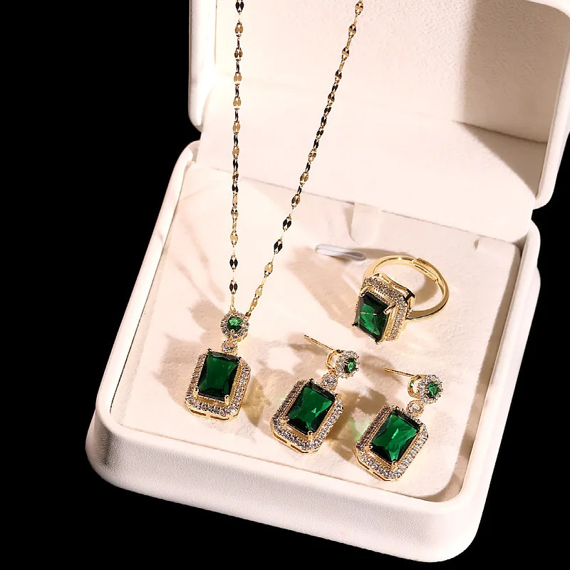 Emerald Color Earring Necklace Rings Set For Woman Stainless Steel Zircon Rectangle Pendant Party Jewelry Gift 240926