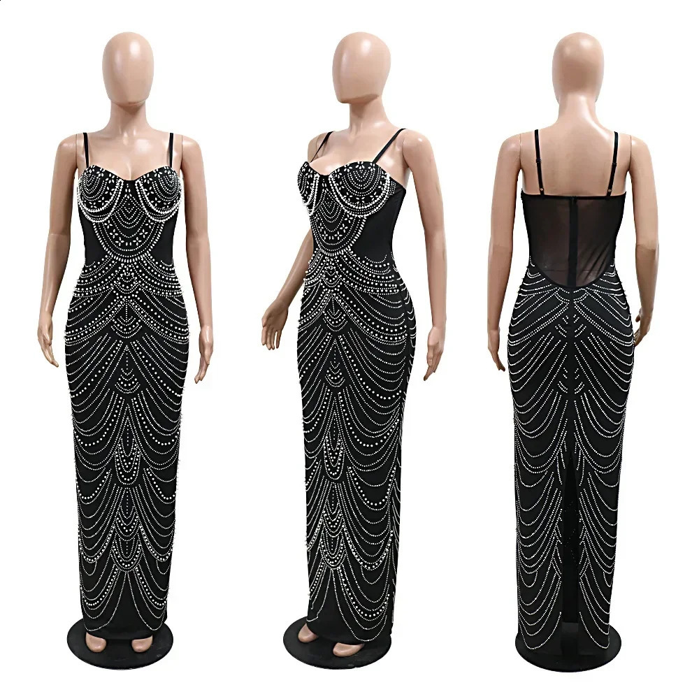 Women's Night Club Dresses: Elegant Strapless Bodycon Maxi Dress with Rhinestones and Pearl Accents for Evening Parties C260312