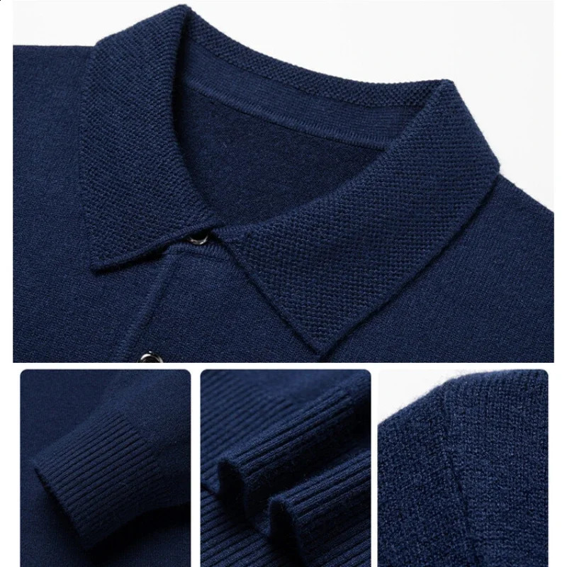 Autumn and winter warm soft pull mens business collar knitted casual solid color long sleeved polo shirt office 240930