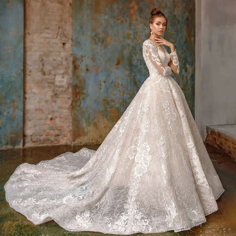 Elegant Sheer O Neck Long Sleeve Wedding Dress A-e Lace Appliques Beading Princess Bride Gowns Vestidos De Novia