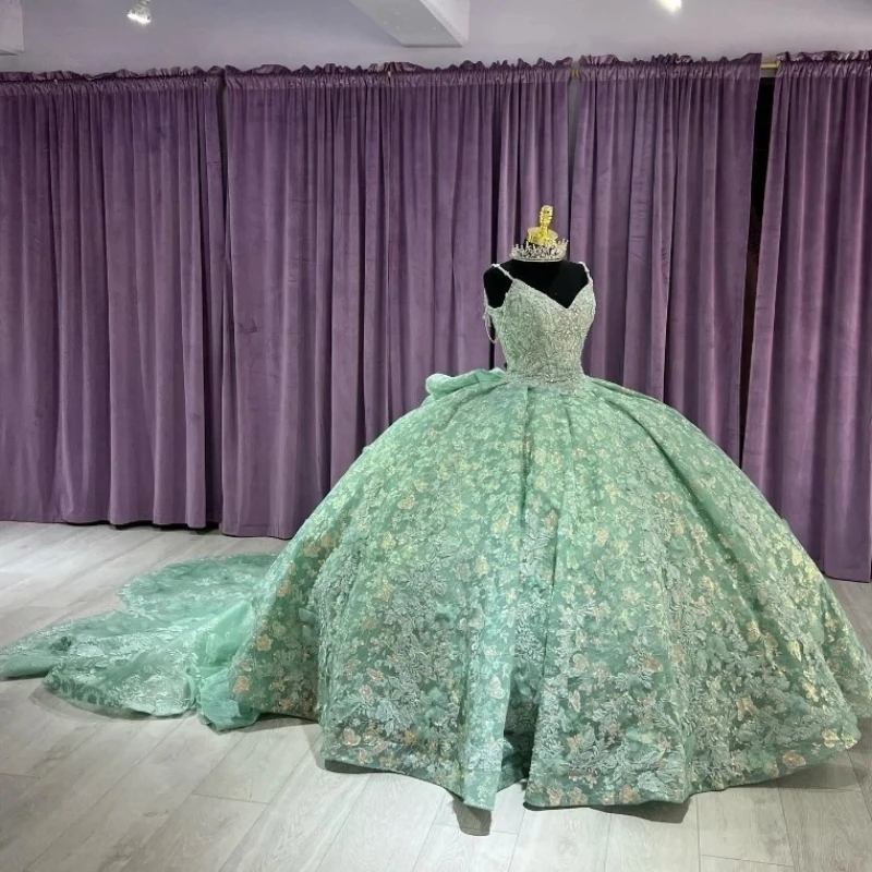 Mint Green Sexy Spaghetti Strap Princess Quinceanera Dresses Ball Gown Spaghetti Strap Flower Beading Bow Tull Sweet 16 Dress Vestido De 15 Anos