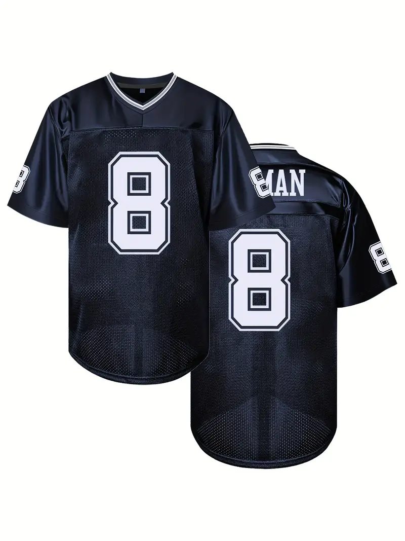 #8 Troy Aikman Comfy V-Neck Football Jersey Navy Blue Mesh Embroidery for Training and Competition Breathable Moisture-Wicking American Football Shirt