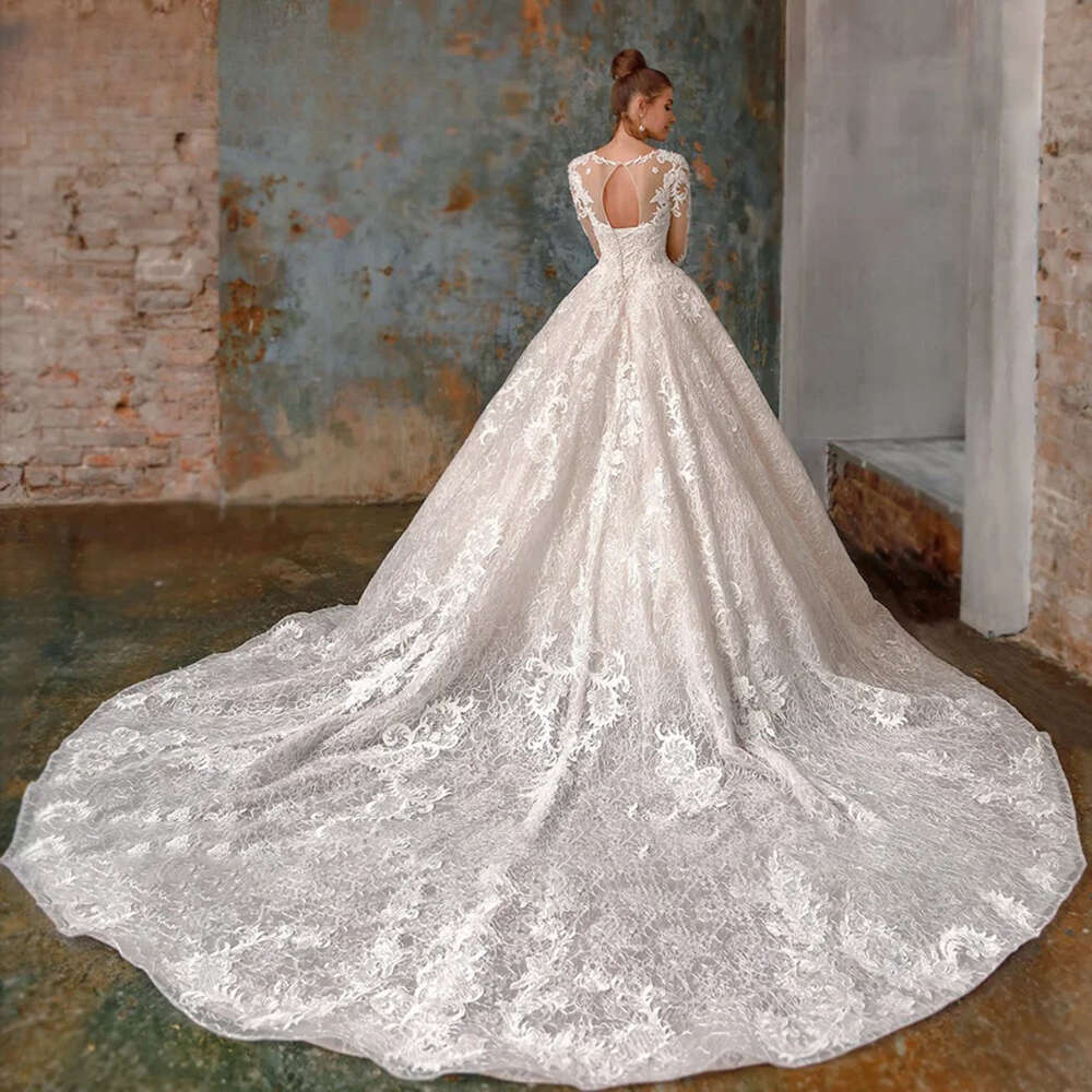Elegant Sheer O Neck Long Sleeve Wedding Dress A-e Lace Appliques Beading Princess Bride Gowns Vestidos De Novia