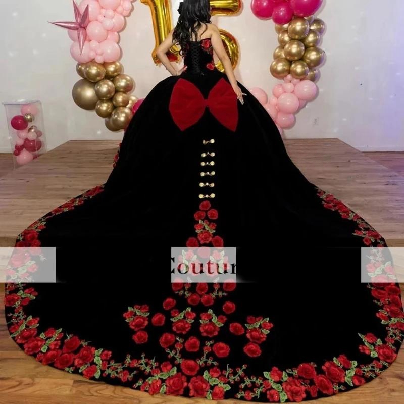 Red Black Quinceanera Dresses MexicanSweet 16 Birthday Party Dress Off The Shoulder Embroidery Tull Tiered Ruffle Vestidos 15 De Xv Anos