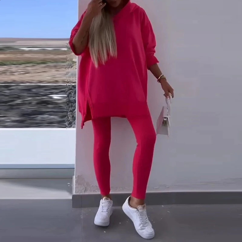 Casual Sport Split Hooded Sweatshirt Leggings Two Piece Set Women Fall Pure Loose Tracksuit Outfit Winter Long Sleeve Comfy Suit 240930