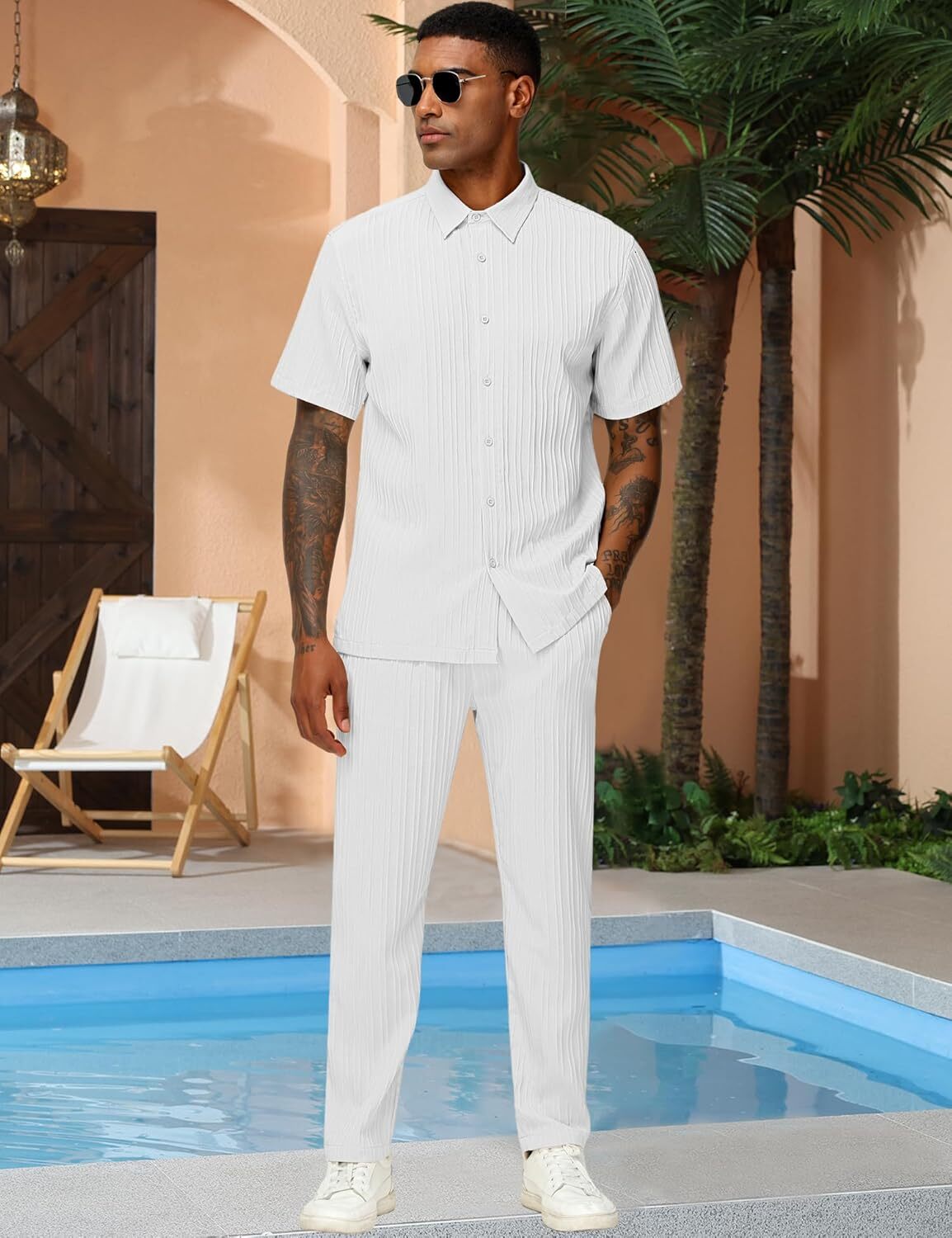 designer tracksuit men's 2piece vertical striped texture clothing summer casual button up shirt and pants matching set