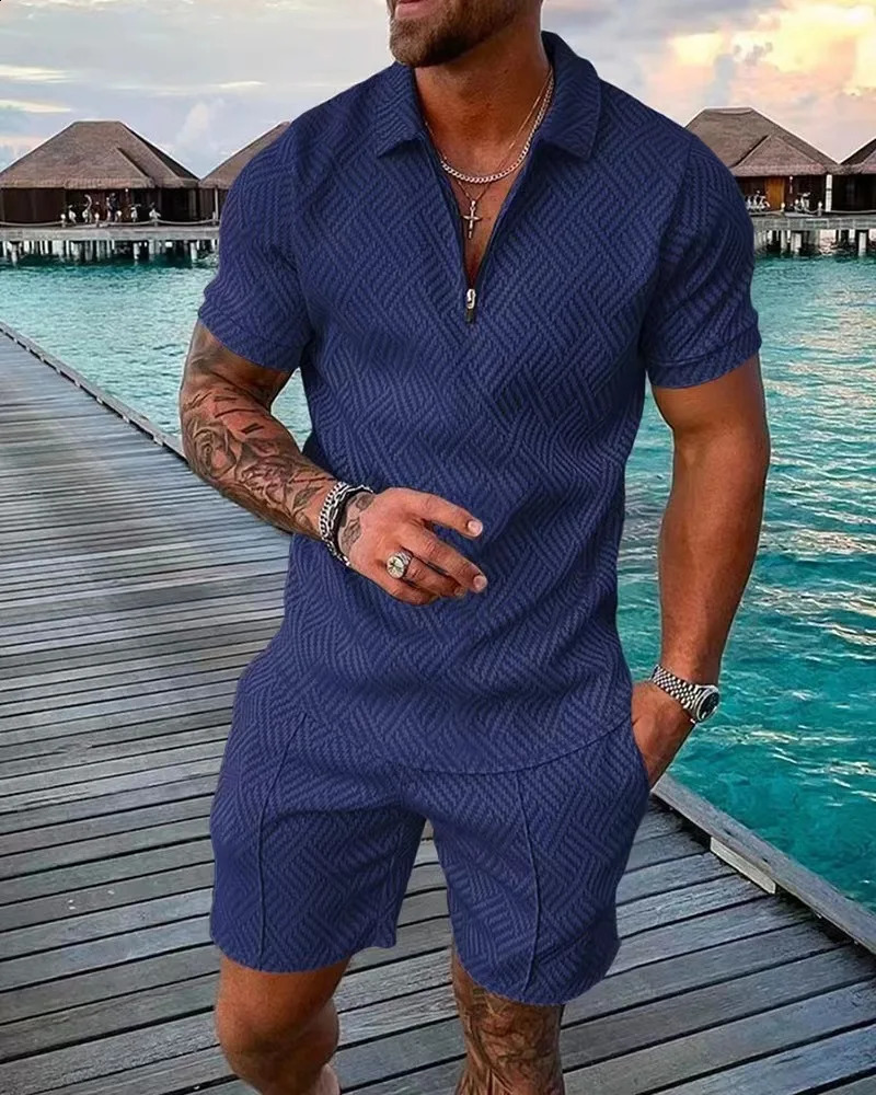 Summer Mens Fashion Trendy Printed Polo Shirt Set Comfortable Collar Short Sleeve Zipper Casual Mens T-shirt 240930