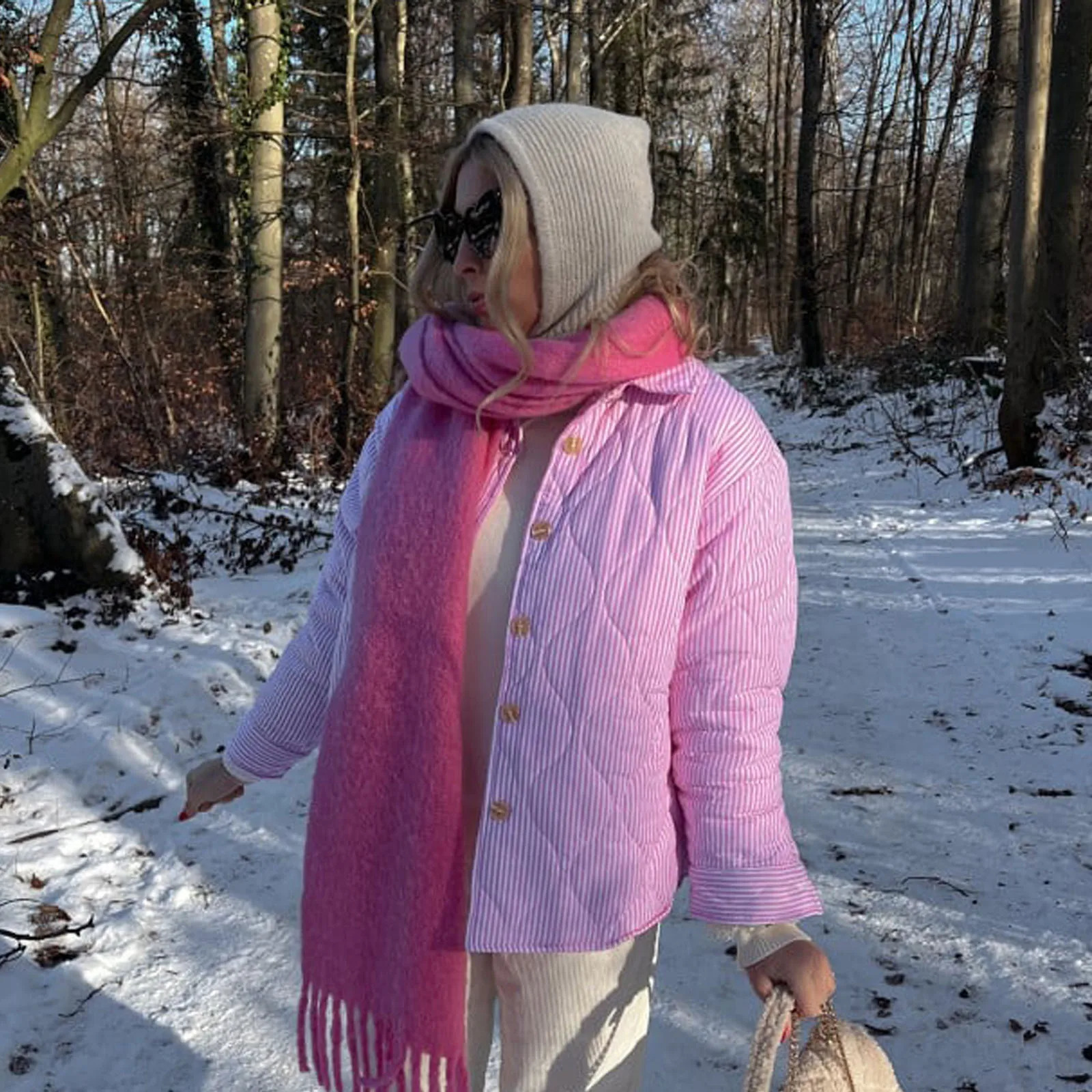 Combhasaki Womens Y2K Inflatable Jacket Striped Collar Button Autumn/Winter Long Sleeve Padded Down Jacket 240924