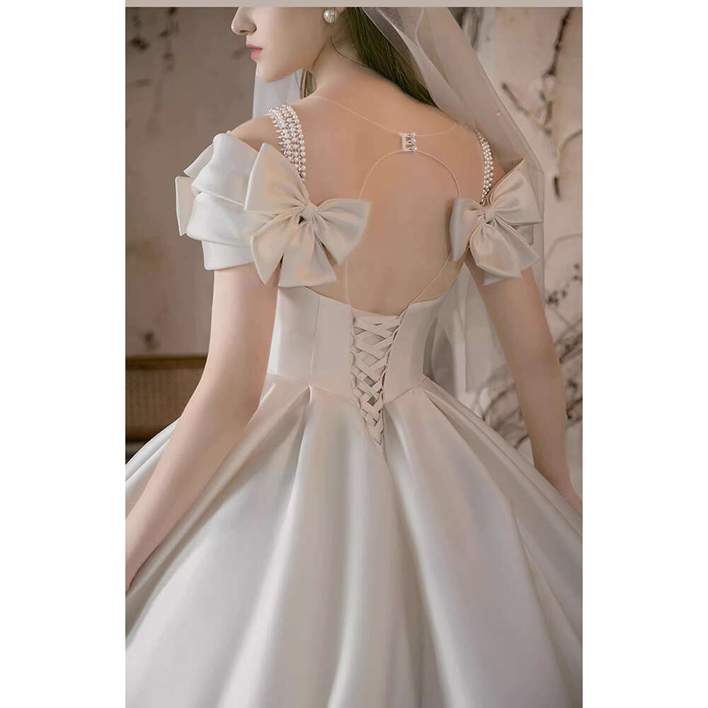 And Elegant Romantic V Neck Satin Wedding Exquisite Lace Applique Beaded D Bow Princess Bride Dress ress
