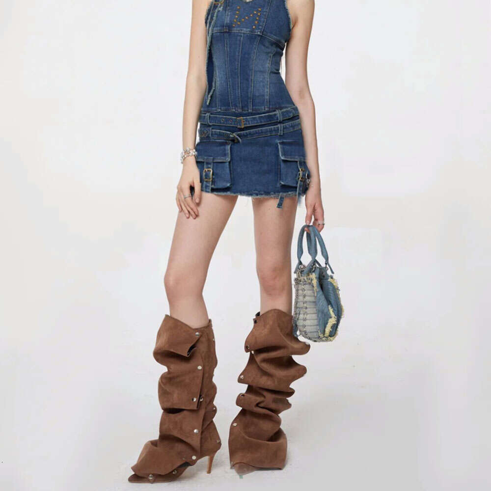 2024 Brand Chic Spring Summer Denim Blue Detachable Knee Boots Women Pointy Toe Sexy Black Brown High Heels Fold Boot Shoes