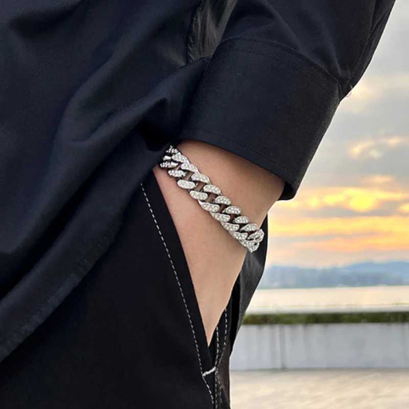 Full Crystal Stone Cuban Chain Hip Hop Bracelet For Men Silver Color Metal Link Chain Rhinestone Closure Bracelet W250728