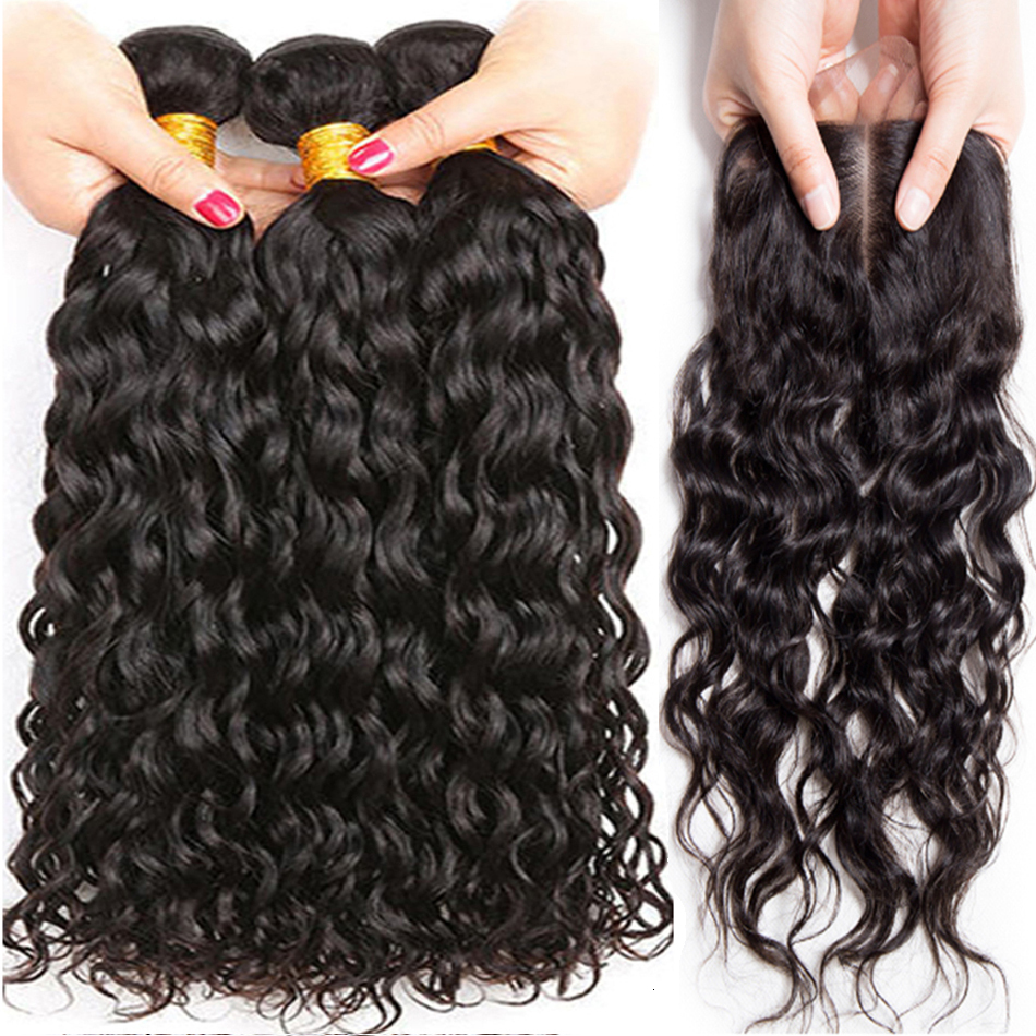 Indian Water Wave Closure Wet And Wavy Curly 12A Human Bundles Remy Hair Weave 3Bundles With 13X4 Frontal