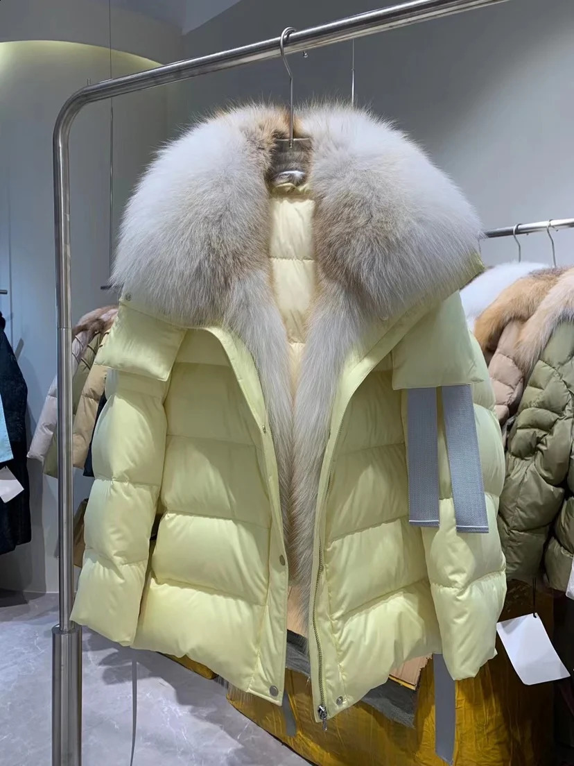 Natural True Fox Fur Collar White Duck Down Jacket Winter Womens Warm Loose Coat Thick y 240929