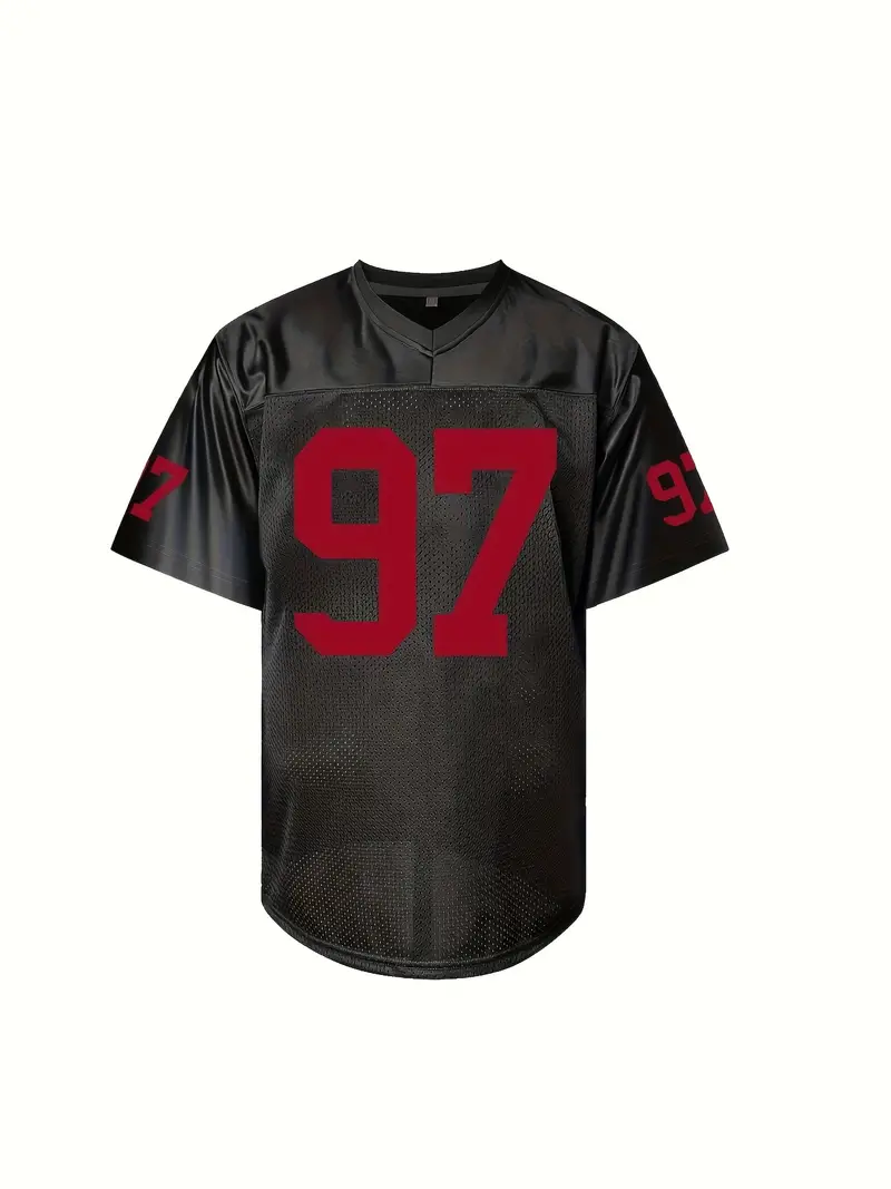 #97 Nick Bosa Comfy V-Neck Football Jersey Black Mesh Embroidery for Training and Competition Breathable Moisture-Wicking Short Sleeve Top for Active 