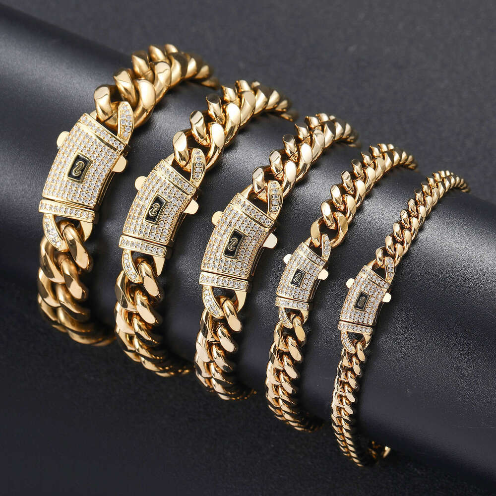 miami hiphop necklace 6mm-12mm round ground encrypted 14k gold Cuban inlaid with dia spring buckle chain