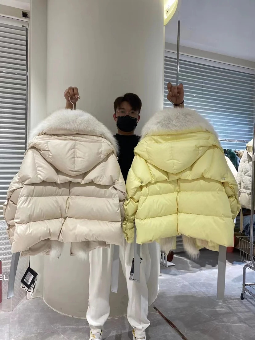 Natural True Fox Fur Collar White Duck Down Jacket Winter Womens Warm Loose Coat Thick y 240929