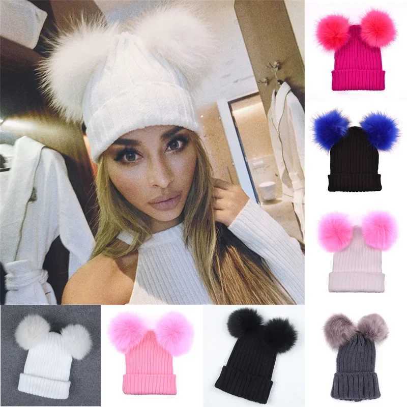 Fur Ball Cap 2 Pom Poms Winter Hat for Women Girl s Wool Hat Knitted Cotton Beanies Cap Brand New Thick Female CapX241005