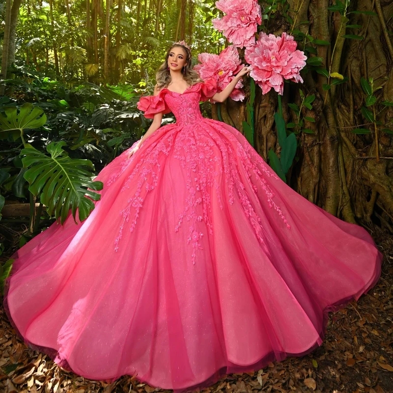 Rose Red Quinceanera Dresses Off The Shoulder Applique Lace Tull Ball Gown Vestidos15 De anos Sequined Birthday Party Sweet 16 Dress
