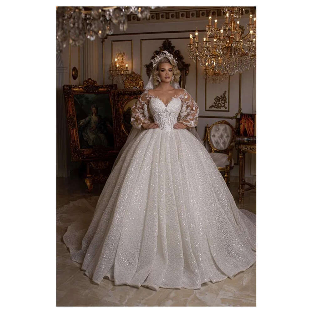 Gorgeous Sweetheart Wedding Dress Lace Applique Sequins Beaded Long Sleeve Princess Bride Gown Vestidos De Novia 0228Lz