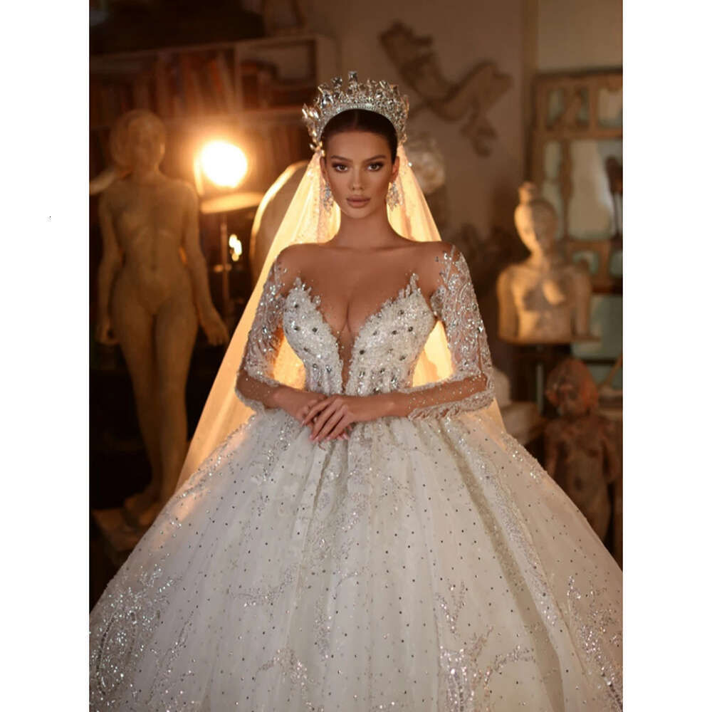 Ball Gown Wedding Dress Sexy Deep V-Neck Sequined Beaded Lace Long Sleeves Princess Bridal Gowns Vestido De Novia 0228Lz