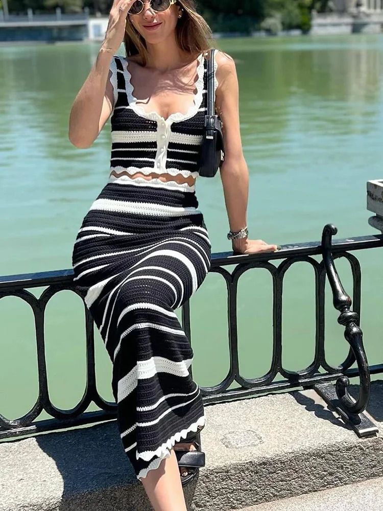 2pcs Set Black White Crochet Stripe Vest And Skirt Co-ord Womens Summer Casual Beach Knit Outfit for Women Dress 3156 240930