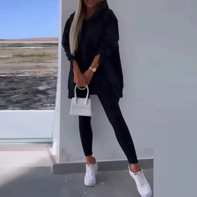Casual Sport Split Hooded Sweatshirt Leggings Two Piece Set Women Fall Pure Loose Tracksuit Outfit Winter Long Sleeve Comfy Suit 240930