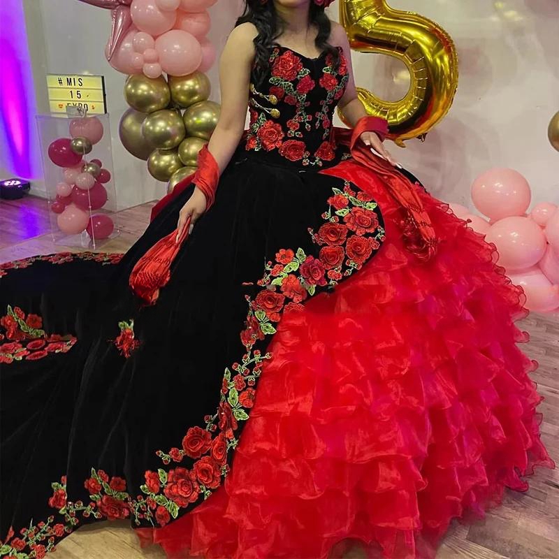 Red Black Quinceanera Dresses MexicanSweet 16 Birthday Party Dress Off The Shoulder Embroidery Tull Tiered Ruffle Vestidos 15 De Xv Anos