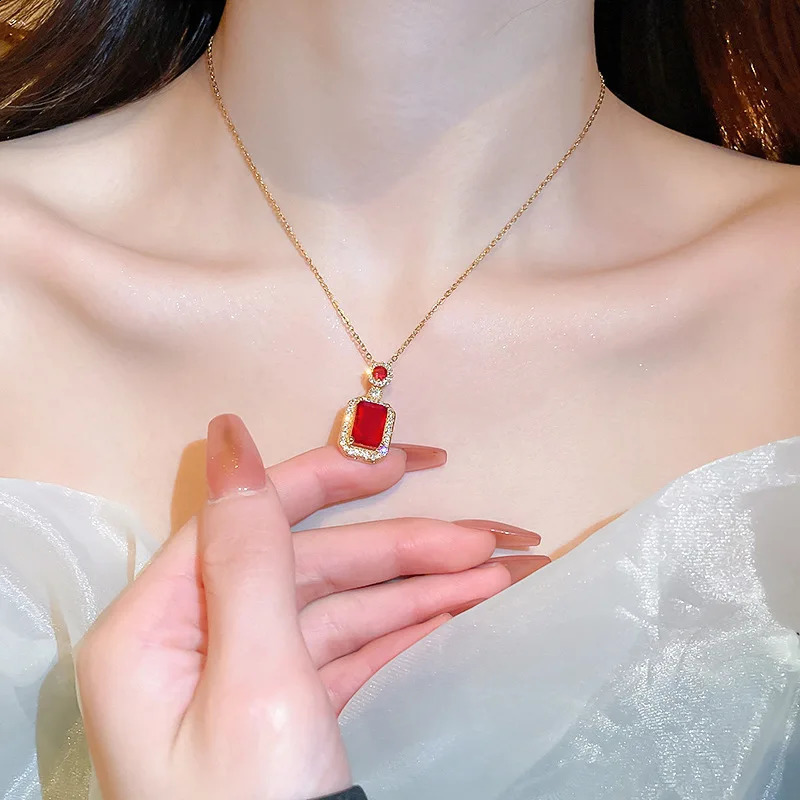 Emerald Color Earring Necklace Rings Set For Woman Stainless Steel Zircon Rectangle Pendant Party Jewelry Gift 240926