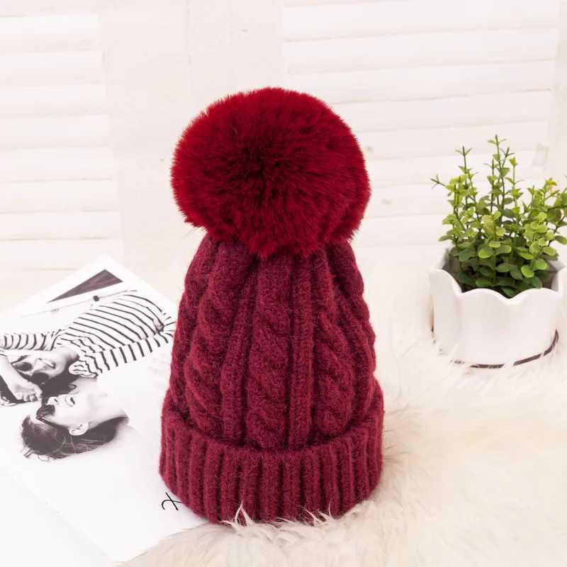 Fashion Knitted Winter Hat Striped Womens Winter Hats 2022 Pink Fur Pompom Wool Beanies Thick Skullies Cap Faux Pom pom HatX241005
