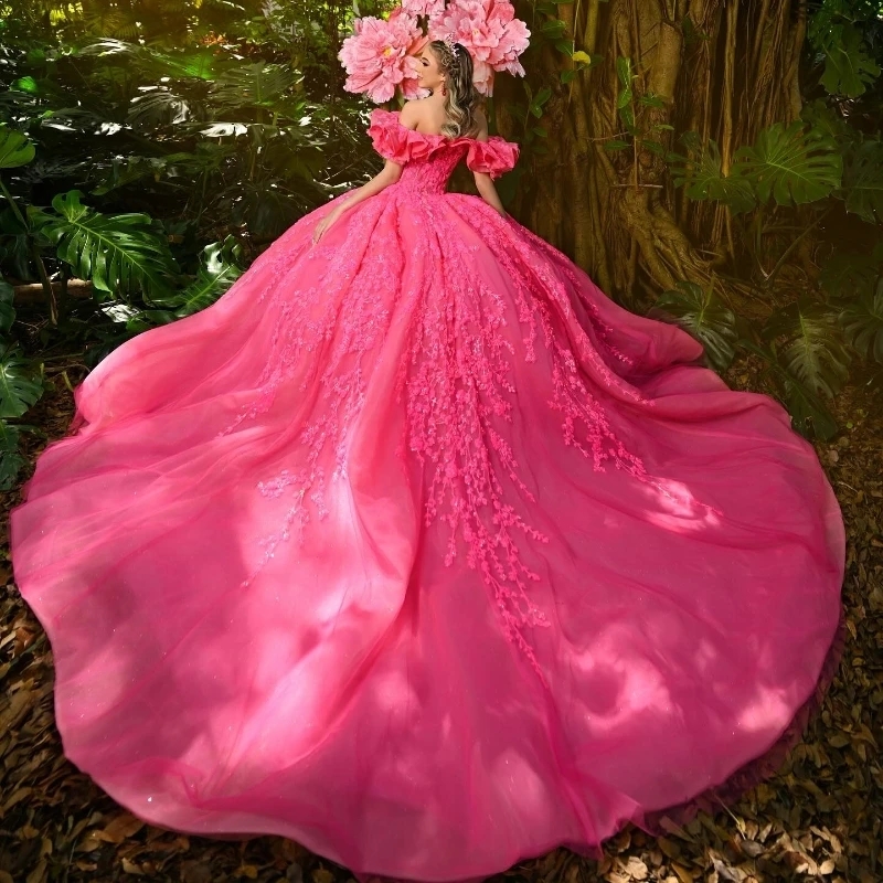 Rose Red Quinceanera Dresses Off The Shoulder Applique Lace Tull Ball Gown Vestidos15 De anos Sequined Birthday Party Sweet 16 Dress