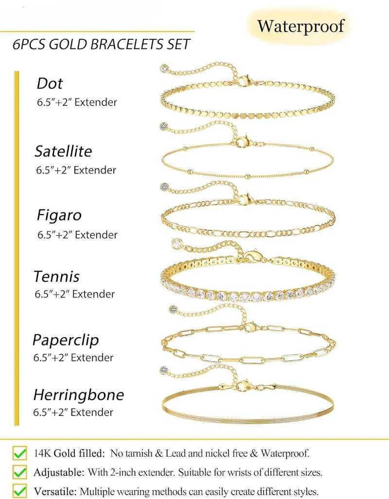 Set: Waterproof Bracelet 14K Real Gold Plated Tennis, Beaded, Figaro, Herringbone, Paperclip k Bracelets Set for Women (W241004) 4 s